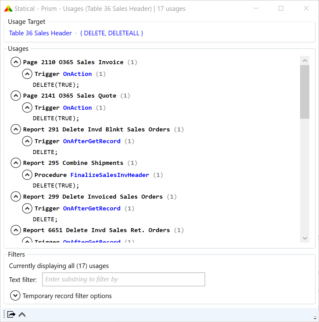 Result of Find System Function Usages