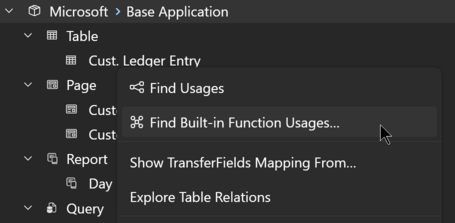 Prism for AL: Invoke Find Built-in Function Usages from object-level menu