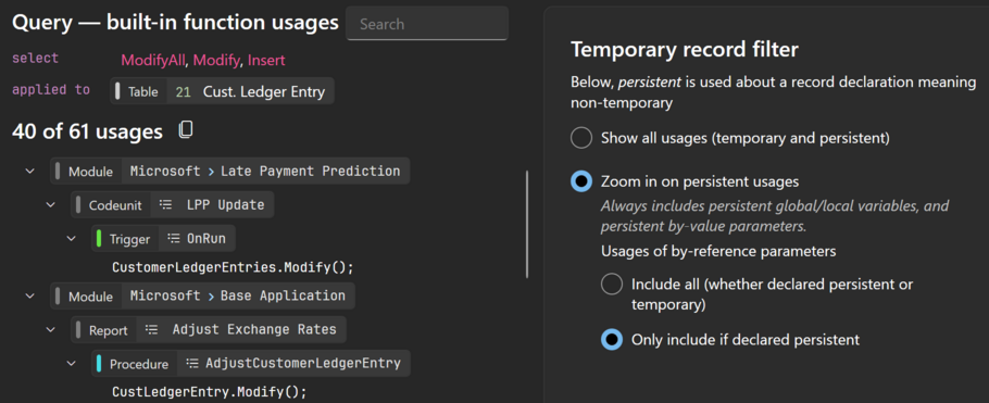Prism for AL: Find built-in function usages result. Filter table functions usages to where the table is non-temporary.