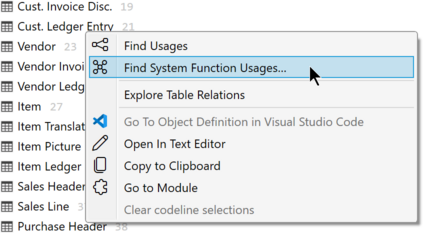 Prism for AL: Invoke find system function usages from object-level menu