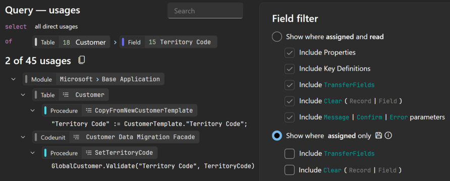 Prism for AL: Find usages and filter to where a field is assigned a value