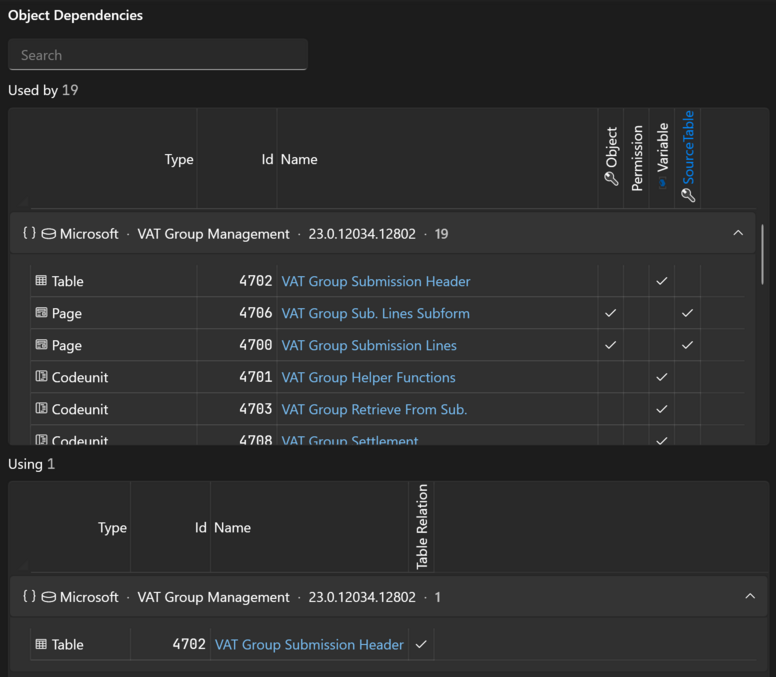 Prism for AL: object dependencies - used by and using - drill-down into actual usages
