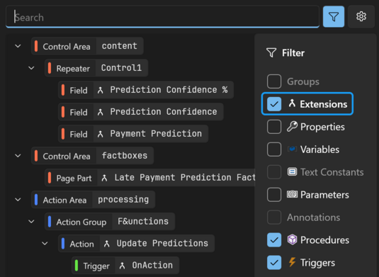 Prism for AL: Object outline settings, e.g. filter an extended object to only show what is added by extensions