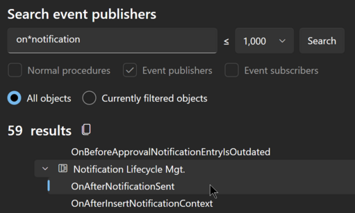 Prism for AL: Event search based on event name pattern