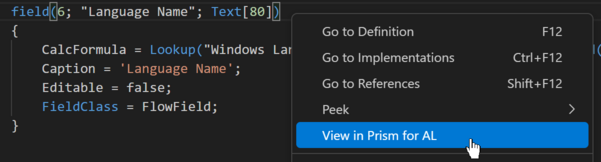From Visual Studio Code, navigate to current location in Prism for AL