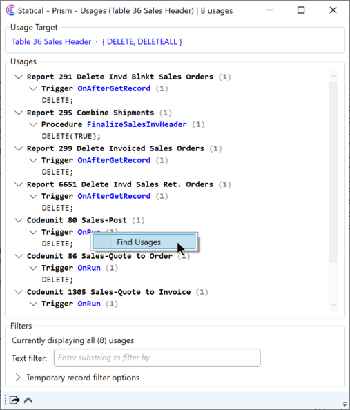 Prism for C/AL: Find system function usages result