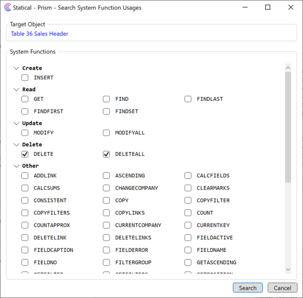 Prism for C/AL: Find system function usages