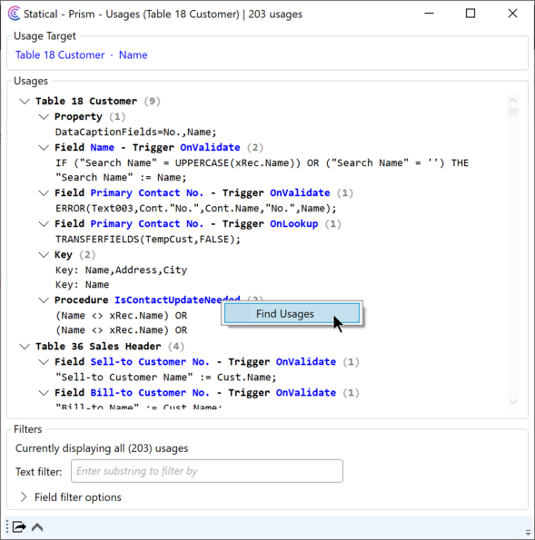 Prism for C/AL: Find usages result