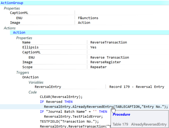Prism for C/AL: Structured object view, here a page action with a trigger
