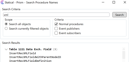 Prism for C/AL: search procedures including event subscribers by name