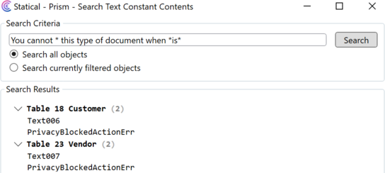 Prism for C/AL: Search text constants